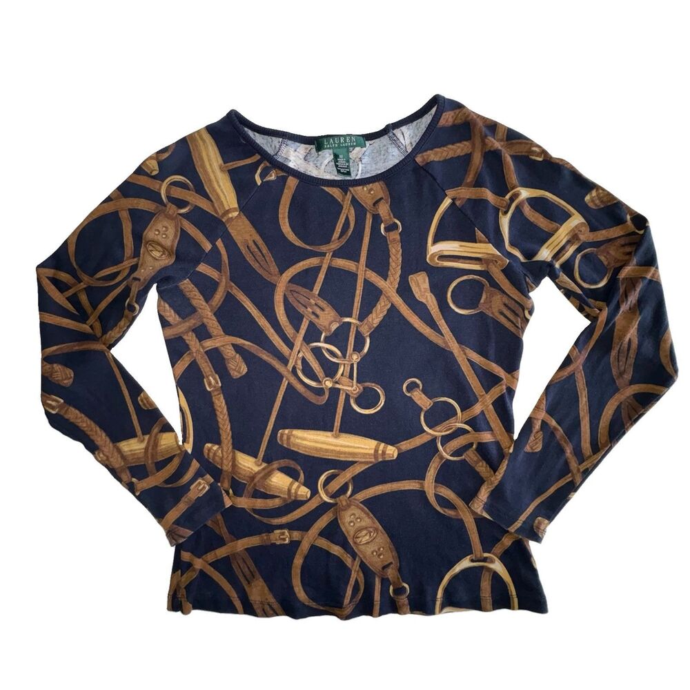 Ralph Lauren Women's Navy Blue Equestrian Cotton Long Sleeve Top Shirt Sz Medium